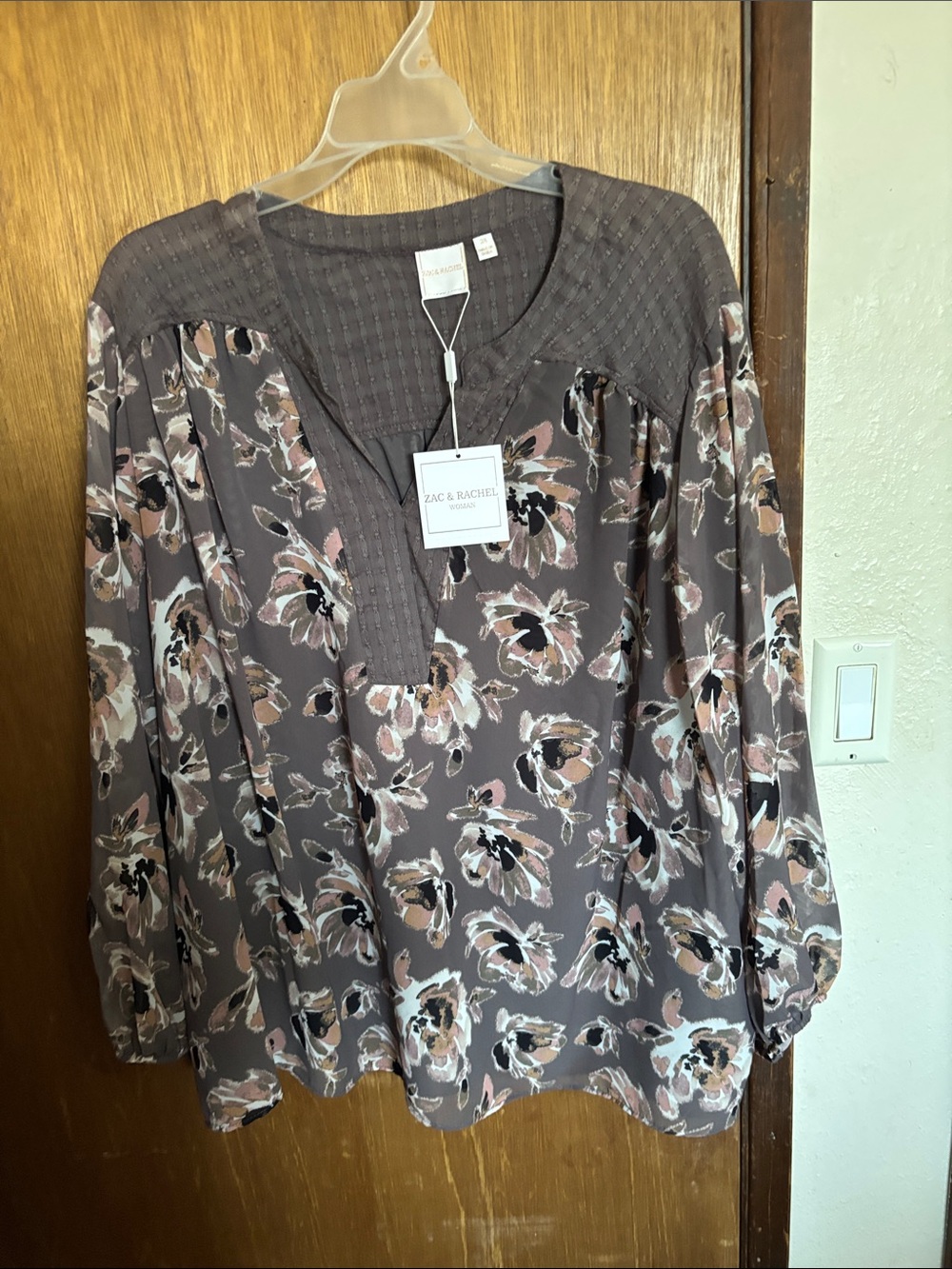 Zac & Rachel Taupe Floral Tunic with Pink and Cream Accents